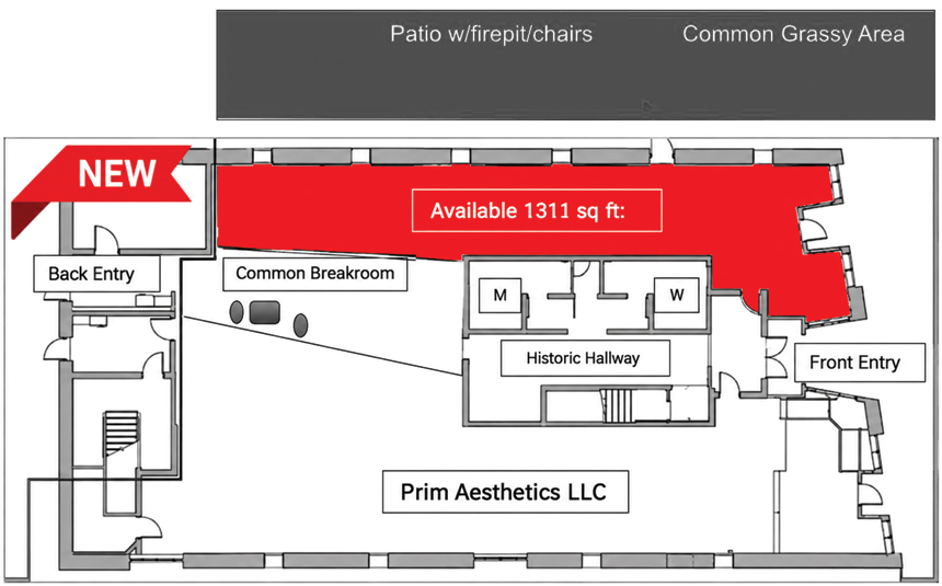 Floor plan highlighting the available 1,311 square foot space beside Prim Aesthetics